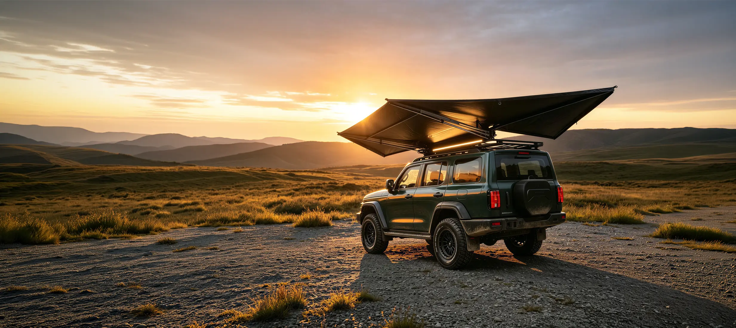 ESSE vehicle awning on an off-road vehicle at sunset