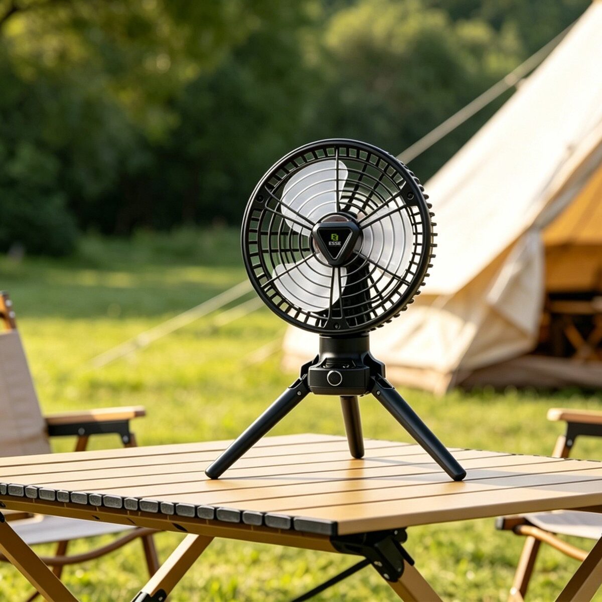 Tent fan and LED light on a folding tripod stand