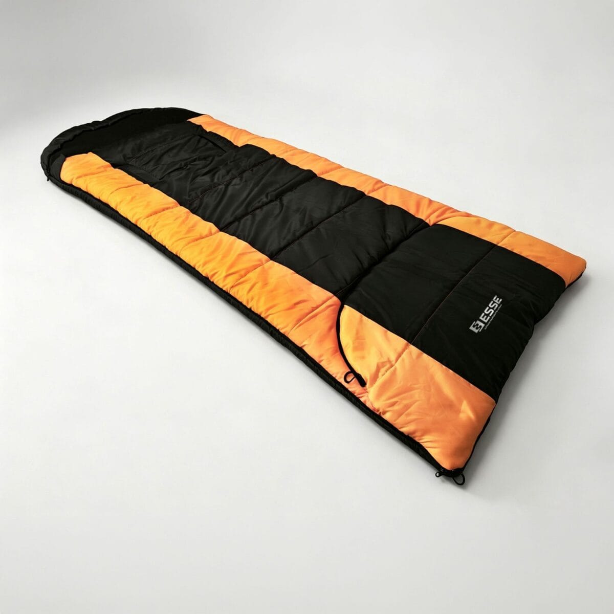 Black and orange Cold Mountain Polyester Sleeping Bag laid flat