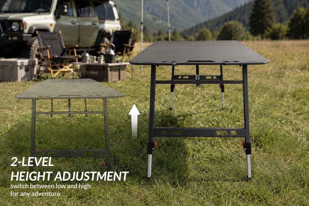 Gas strut folding camp table with aluminium-magnesium top