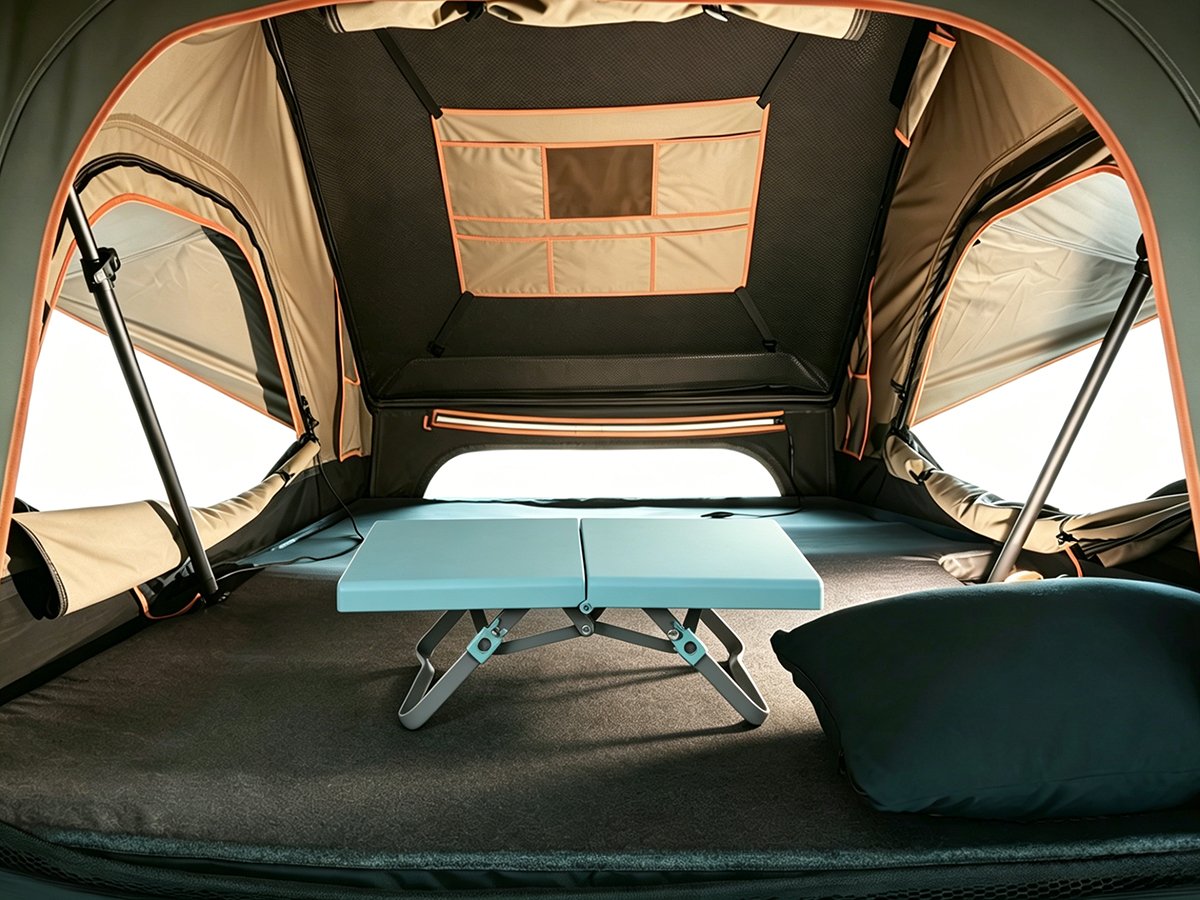 Ultra-compact folding table with ABS top for roof-top tents