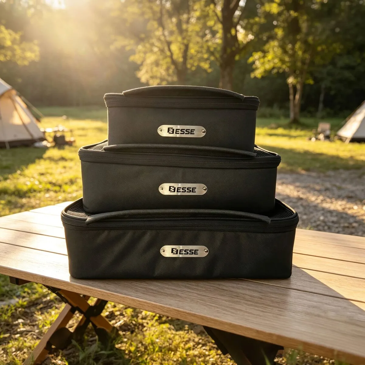 Three Pod Mesh storage pods in 5, 10 and 18 L stacked on a camp table