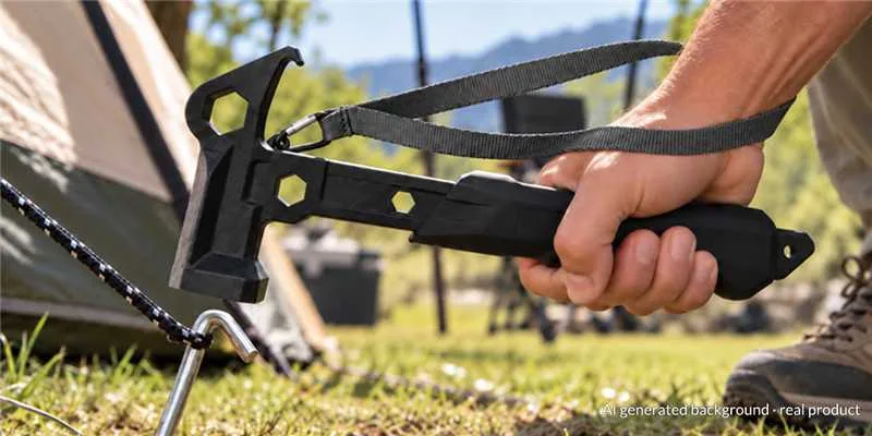 ESSE 2 in 1 Hammer Wrench driving a tent peg at a campsite