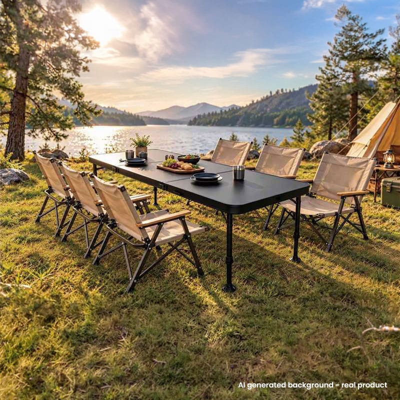 Family Table 180 set for eight at a lakeside campsite at sunset
