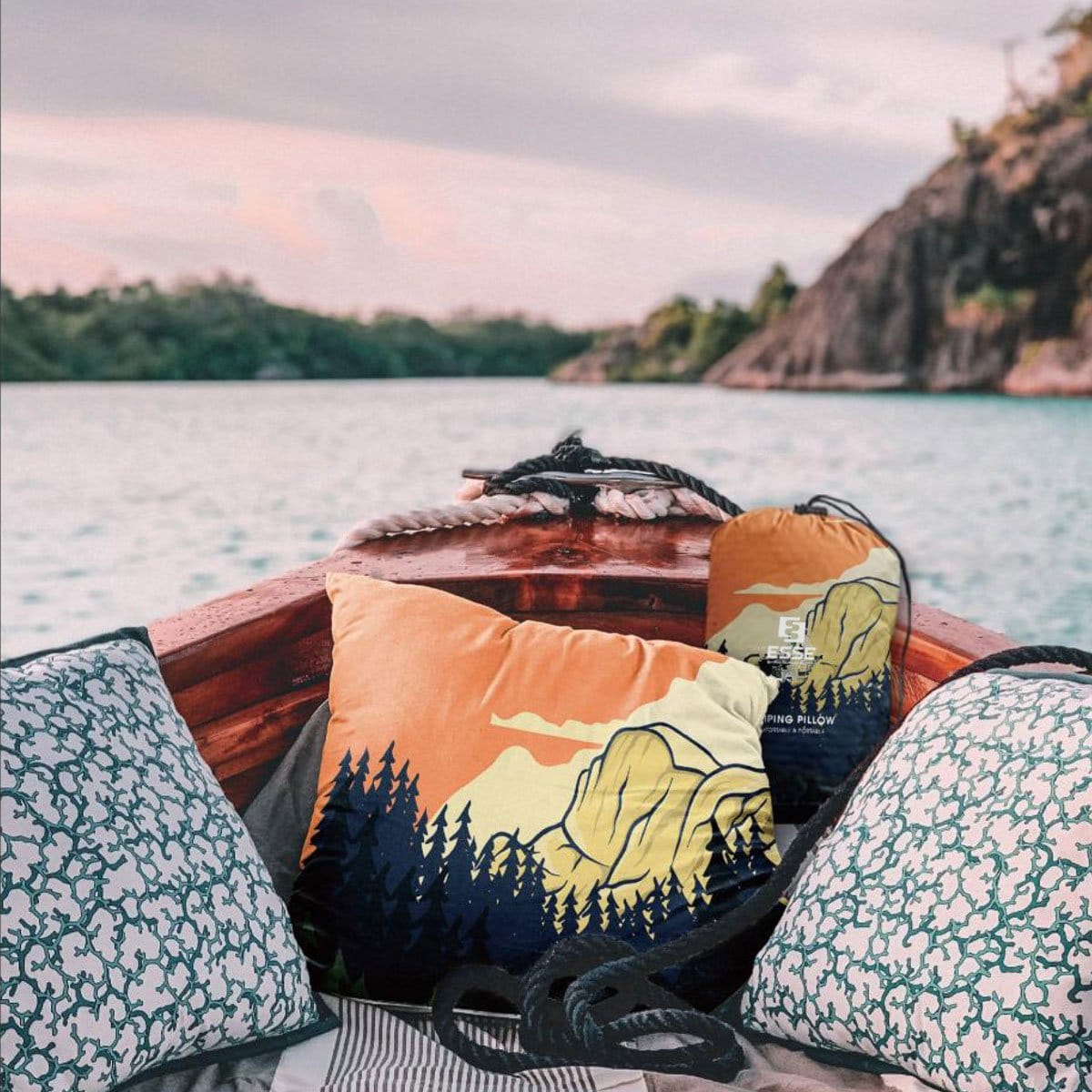 Foldable Camping Pillows with printed designs on a boat