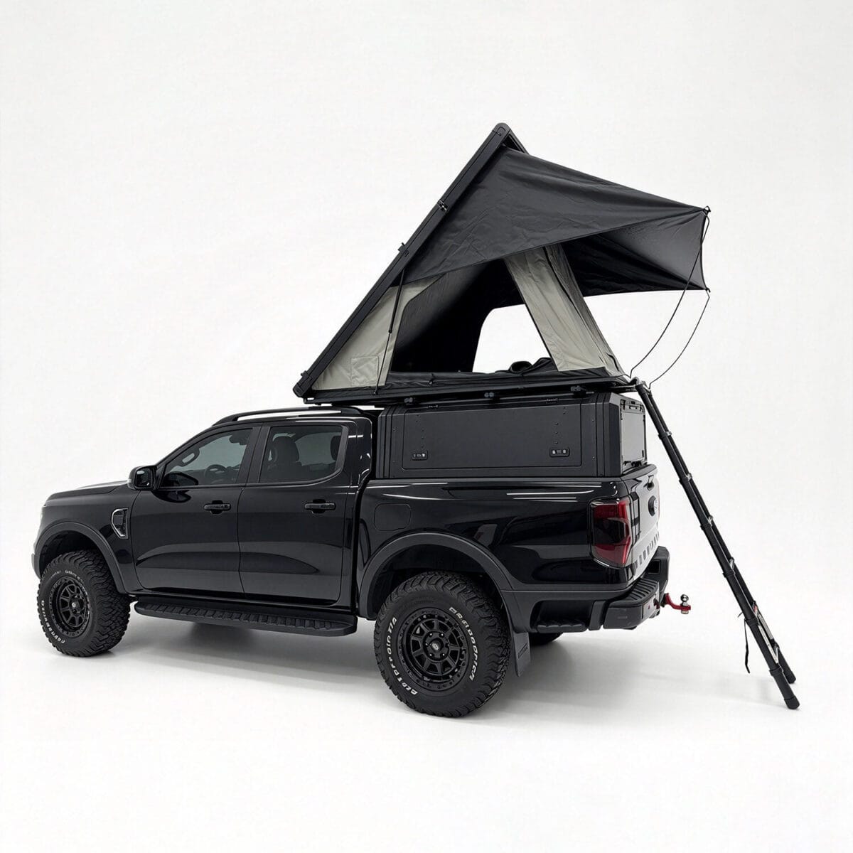 Light Clam Shell No Fold roof top tent open on a Ford Ranger canopy with ladder