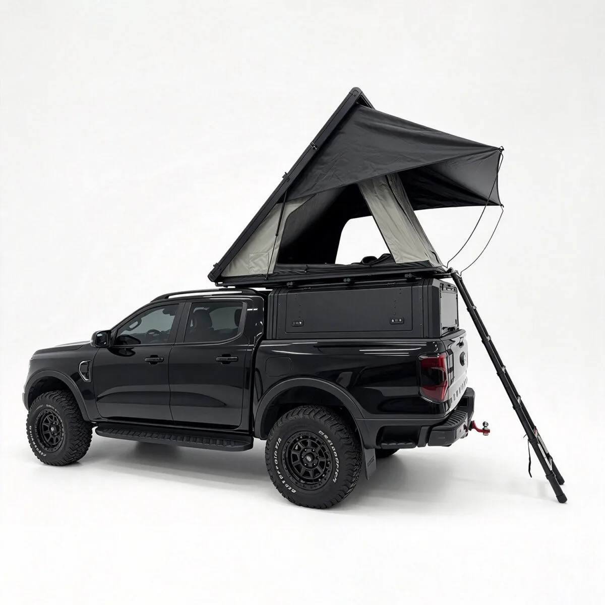 Light Clam Shell No Fold roof top tent open on a Ford Ranger canopy with ladder