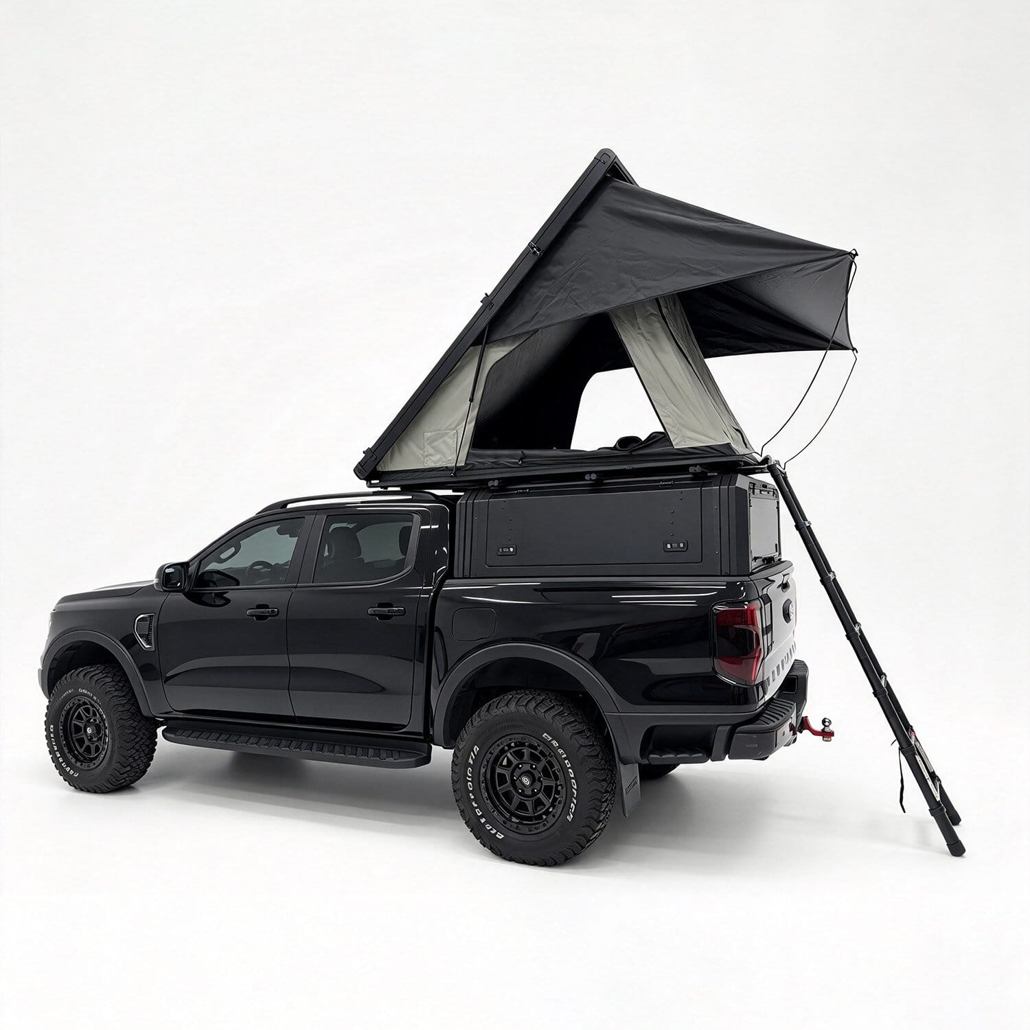 Light Clam Shell No Fold roof top tent open on a Ford Ranger canopy with ladder