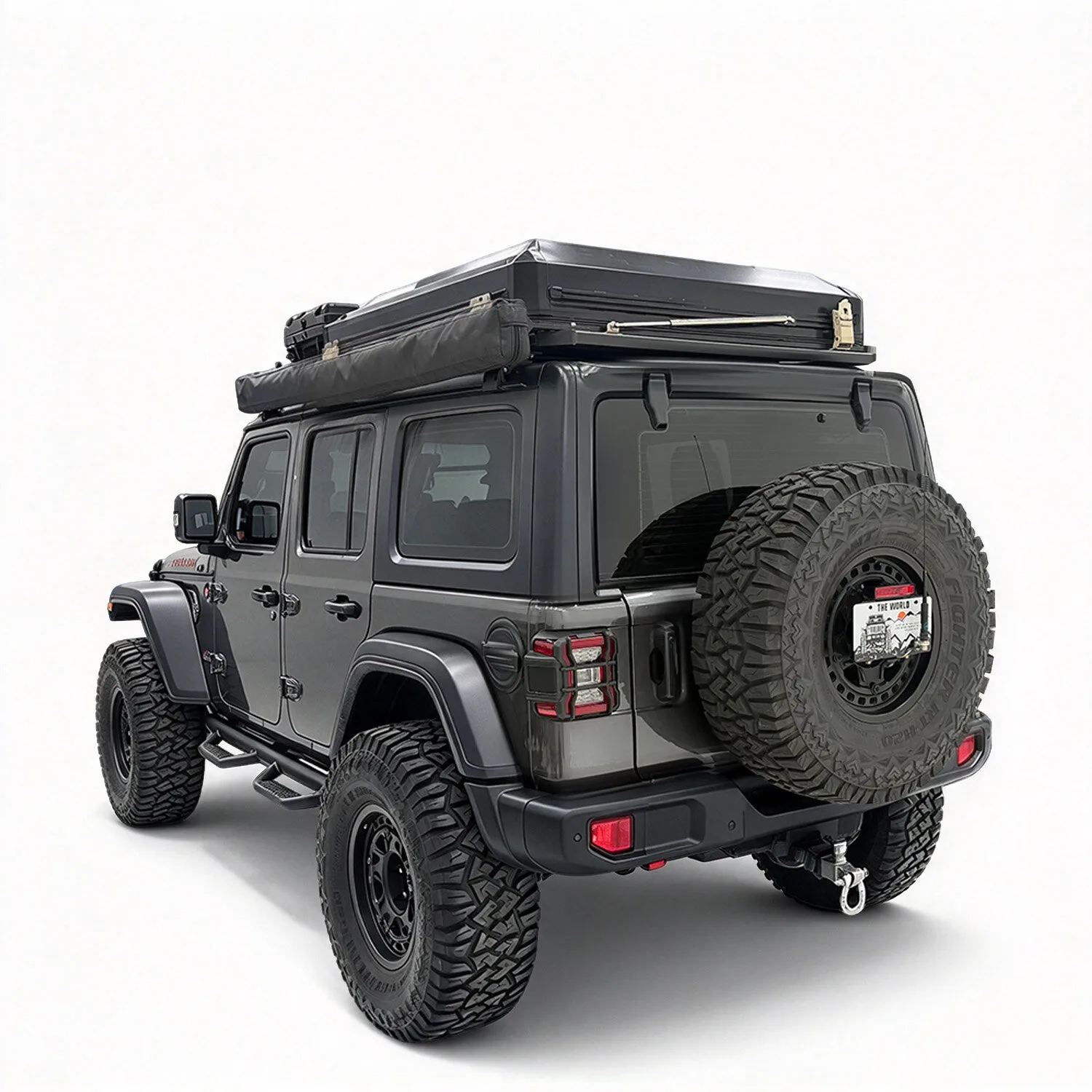 Light Side Open roof top tent closed on a Jeep Wrangler, rear view