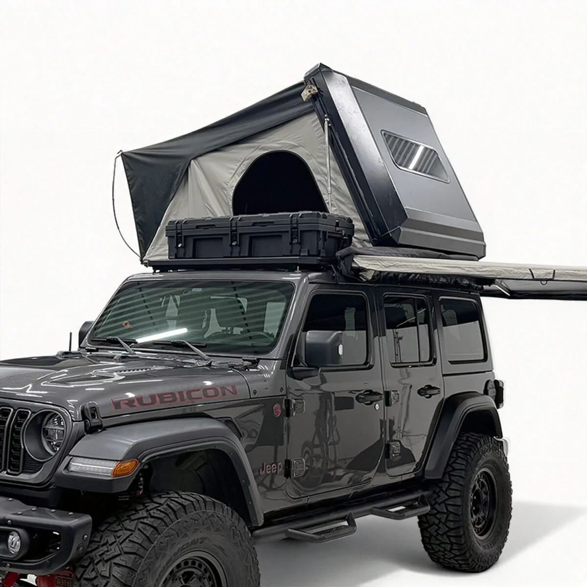 Light Side Open RTT with roof window opened on a grey Jeep Wrangler
