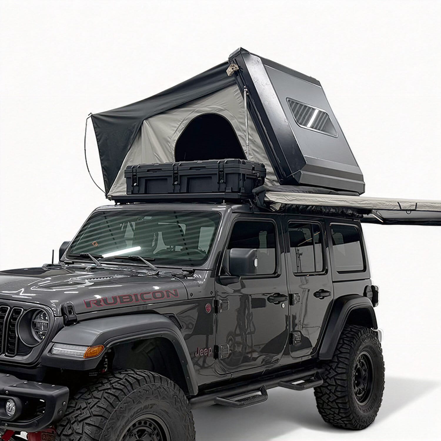 Light Side Open RTT with roof window opened on a grey Jeep Wrangler