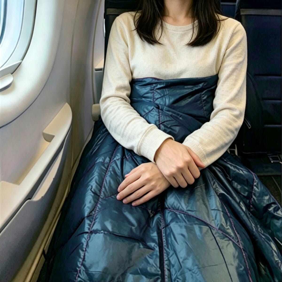 Mini Puffy Blanket used as a travel blanket on a plane