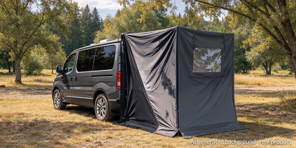 Van rear room tent fixed to the back of a van