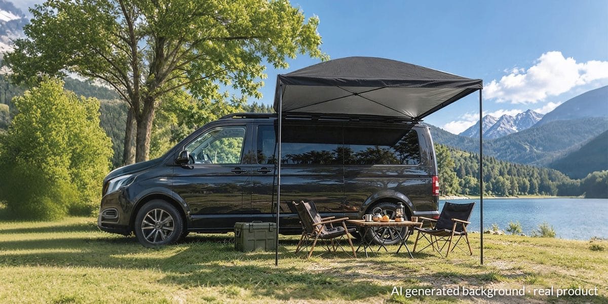 Van side awning beside a campervan by a lake