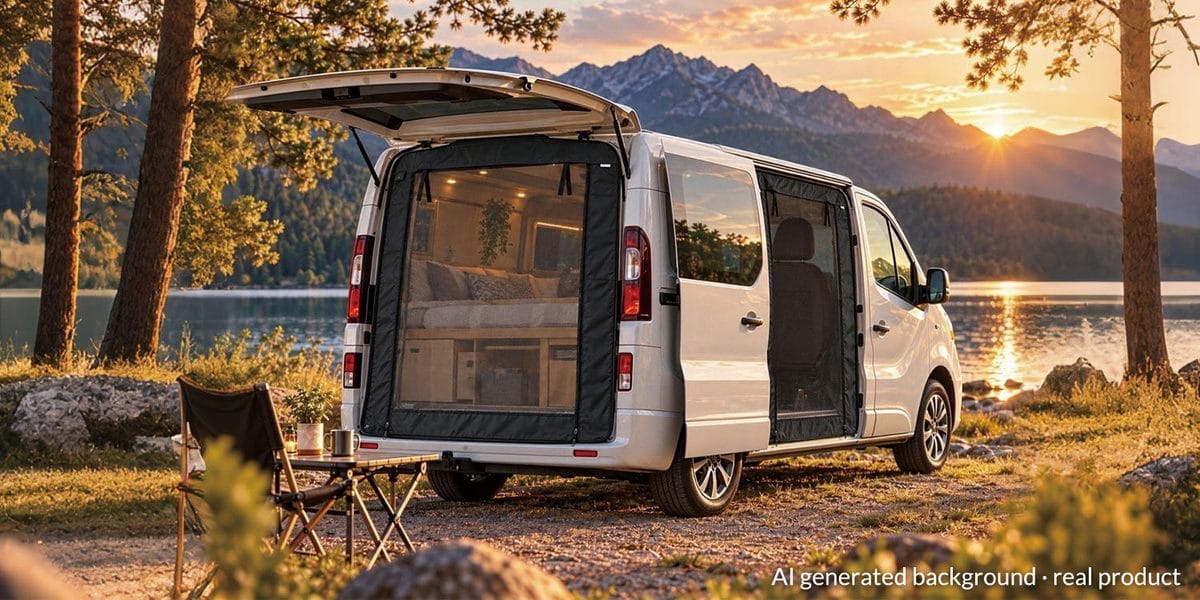 Van with side and rear door mesh walls at a lake campsite