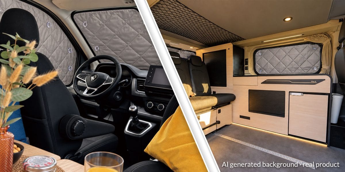 Quilted thermal window covers inside a van cab and living area